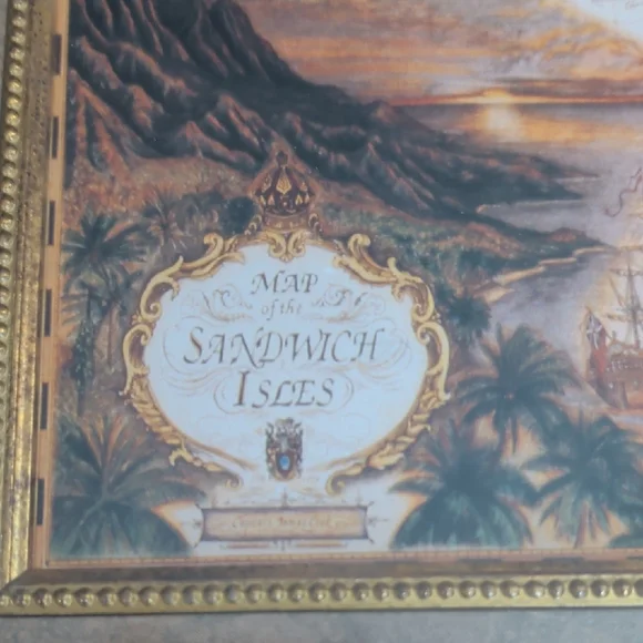 Antique-Style Framed Hawaiian Island Map Wall Art - Gold Brown - Picture 2 of 7